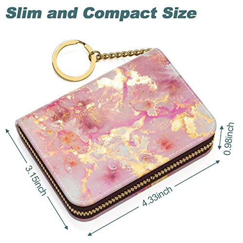 Credit Card Holder, Small RFID Card Wallet for Women, Slim Leather Wallet - color: Gold Pink Marble