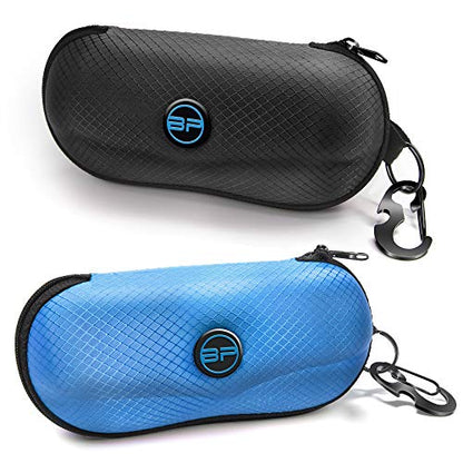 BLUPOND Sunglasses Case Semi Hard EVA Shell with Metal Hanging Hook Belt Clip Sun Glasses Storage - color: Black/Aqua Blue
