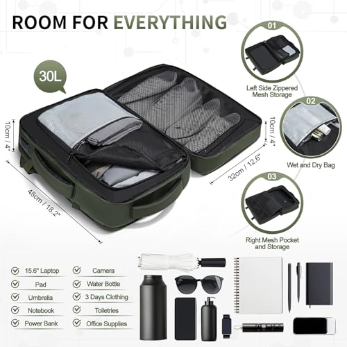 30L Lay Flat Travel Backpack for 16 Inch Laptop Carry On Green - color: Green