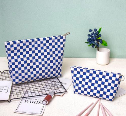 getgto 2 Pcs Makeup Bags, Large Cosmetic Bag Travel Toiletry Bag - color: Blue Checker