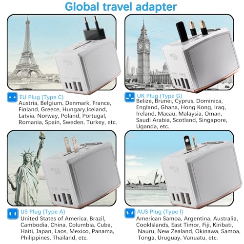 Universal Travel Adapter 45W with 5 Ports (3 USB-C, 2 USB-A) Worldwide Charger for USA, Europe, UK, Australia, Asia & 150+ Countries International Power Plug - color: White 45W