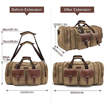 Wildroad Canvas Duffle Bag - 50L Expandable Weekender Overnight Travel Bag - color: Coffee, size: Large-50L Duffle Bag