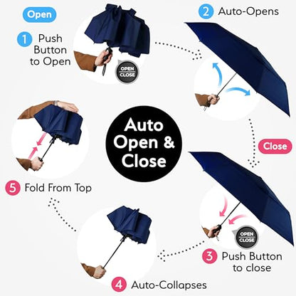 TUMELLA Strongest Windproof Travel Umbrella (Compact, 100MPH Wind-Tested), Light, Portable, One-Handed Use, Automatic Folding Rain Umbrella, Durable, Premium Grip, Fits Car & Backpack - color: Black Blue