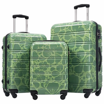 Merax Luggage Sets 3 Piece, Hardside Suitcase Set with Spinner Wheels - color: Green Print, style: 3-piece Set(20/24/28)