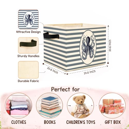 Octopus Storage Bin, Nautical Ocean Blue Stripe Fabric Basket - color: Nautical Retro Octopus Print