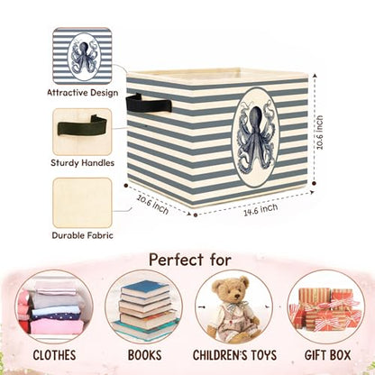 Octopus Storage Bin, Nautical Ocean Blue Stripe Fabric Basket - color: Nautical Retro Octopus Print