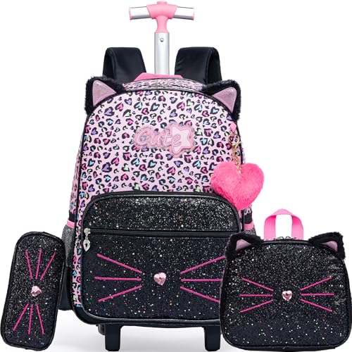 Meetbelify Rolling Backpack for Girls Backpack with Wheels for Elementary Student Kids School Bag with Lunch Box Pencil Case for Girls Ages 6-8 Years Old Purple - color: Rose