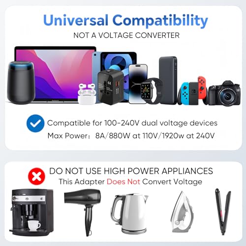 Travel Adapter, Worldwide All in One Universal Power Plug Adapter, Black - color: Black