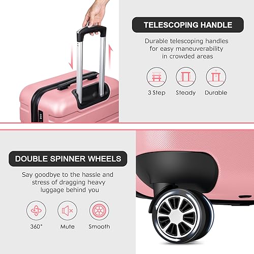Luggage Sets Hardside Lightweight Suitcase with Spinner Wheels TSA Lock, 3-Piece Set (20/24/28) - color: Pink