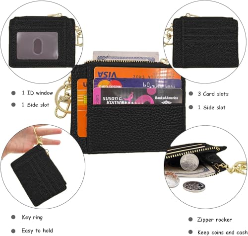 woogwin Slim RFID Credit Card Holder for Women Mini Front Pocket Wallet Purse With Keychain - color: Lichee Black