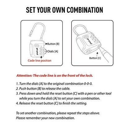pack all TSA Approved Travel Luggage Locks, Resettable 3-Digit Code | Flexible Steel Cable, Zinc Alloy Body, Clear Number Dials, For Suitcase, Toolbox, Backpack, 4 Pack