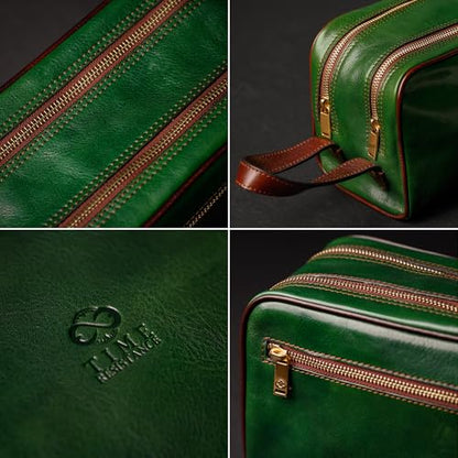 Time Resistance Leather Cosmetic Bag - Italian Toiletry Dopp Kit (Green) - color: Green