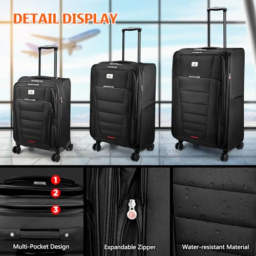 Verdi Luggage Set 3-Piece Suitcase with Spinner Wheel Softside Expandable, Carry On Luggage with USB Port (Black, 3-Piece set(20/24/28)) - color: Black, size: 3-Piece set(20/24/28)