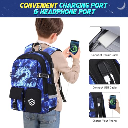 Scothen Boys Backpack, Cool Luminous Kids School Backpacks with Lunch Bag - color: Blue Dragon