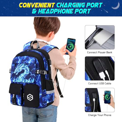 Scothen Boys Backpack, Cool Luminous Kids School Backpacks with Lunch Bag - color: Blue Dragon