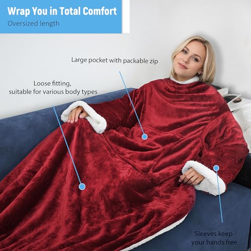 Catalonia Sherpa Wearable Blanket with Sleeves Arms - color: Wine