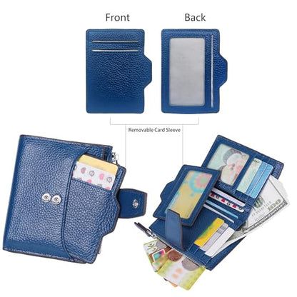 Women's RFID Blocking Leather Small Compact Bi-fold Zipper Pocket Wallet Card Case Purse with id Window - color: Lichee Blue