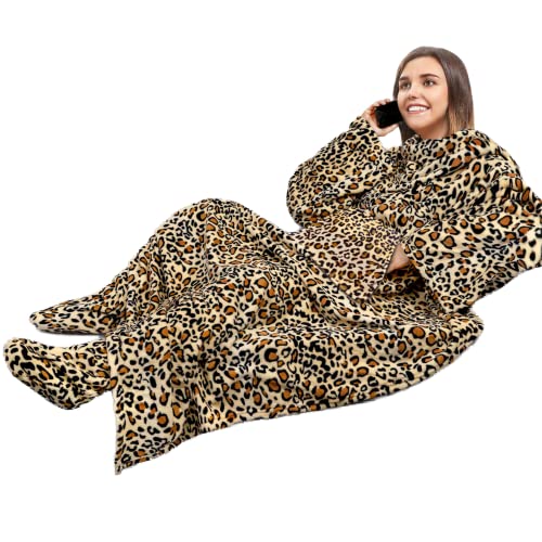 PAVILIA Sherpa Blanket with Sleeves, Foot Pockets Women Men, Cheetah Print - color: Cheetah, size: Sherpa
