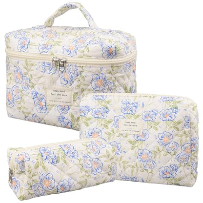 honitty Makeup Bag,Quilted Cosmetic Bags for Women - color: Blue-Flower