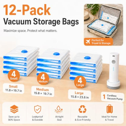 12 Pack Vacuum Bags for Travel with Rechargeable Pump, Save Luggage Space - size: 12 Combo