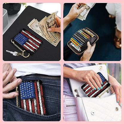 Blusabaca Women's RFID-Blocking American Flag Wallet, Leather, 12 Card Slots, 2 Coins, Zipper Closure, Waterproof - color: American Flag