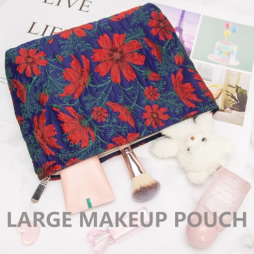 Flat Makeup Bag for Women,Zipper Cosmetic Pouch for Purse,Brocade Navy Blue - color: Brocade Navy Blue