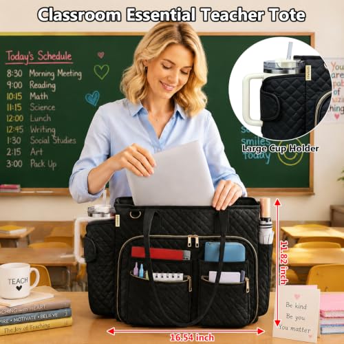 SIYNPAV Teacher Tote Bag with 15.6 in Laptop Compartment& Cup Holder Black - color: Stylish Black