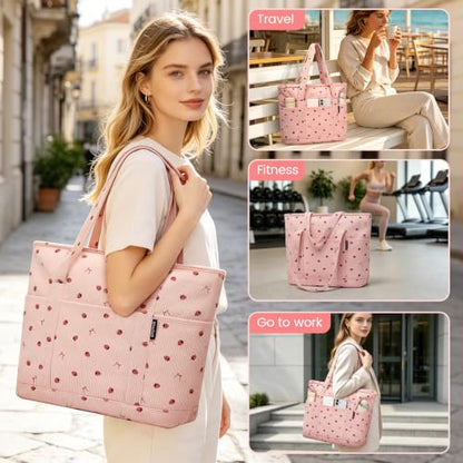 Large Canvas Tote Bag for Women, Beach Bag with Zipper, Utility Tote Bag with 3 Front Pockets, Weekender Pool Bag - color: Pink