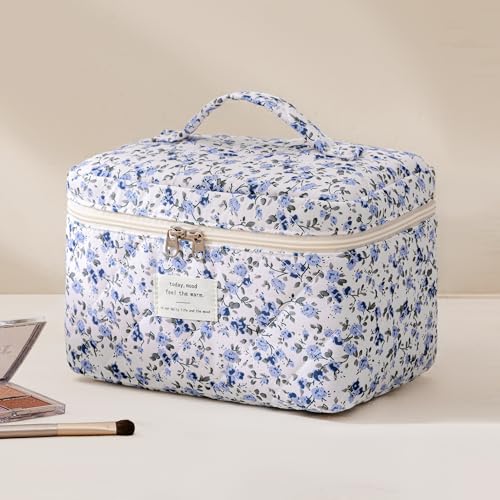 HBselect Quilted Makeup Bag, 3Pcs Cotton Large Travel Makeup Bags Organizer - color: A-3PCS-Floral 42