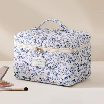 HBselect Quilted Makeup Bag, 3Pcs Cotton Large Travel Makeup Bags Organizer - color: A-3PCS-Floral 42