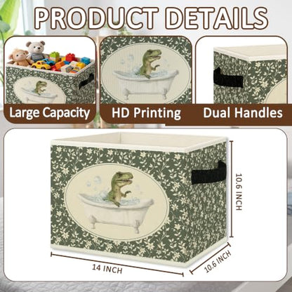 Green Floral Dinosaur Bathroom Storage Bins Box Collapsible Basket - color: Color35