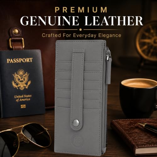 Leatherboss Genuine Leather Women's All in One Credit Business Card Case Holder Slim Zipper Wallet With a Card Protection Strap, Gray - color: Gray