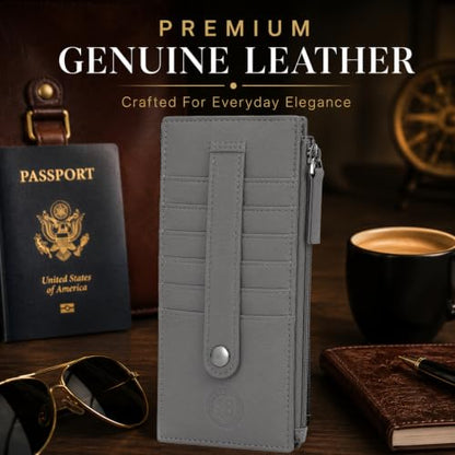 Leatherboss Genuine Leather Women's All in One Credit Business Card Case Holder Slim Zipper Wallet With a Card Protection Strap, Gray - color: Gray