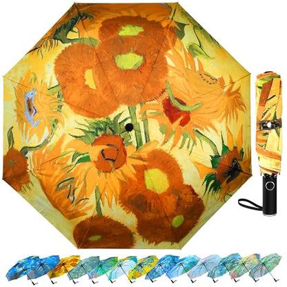 Van Gogh Folding Umbrella, Travel Umbrella with Starry Night Design, Auto Open & Close - Portable Compact Umbrella - Lightweight & Packable for Women & Men - color: Sunflower