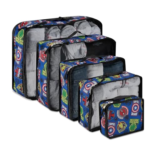 Marvel Comics 5-Piece Packing Cube Set - Spiderman, Ironman, Captain America - 5 Piece Packing Cubes Compression Travel Essential Accessories - Luggage Suitcase Organizer Set - For Kids, Adults - color: Blue