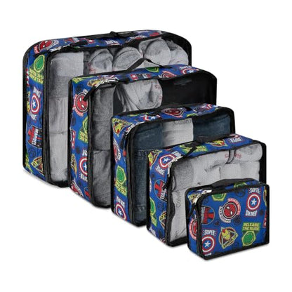 Marvel Comics 5-Piece Packing Cube Set - Spiderman, Ironman, Captain America - 5 Piece Packing Cubes Compression Travel Essential Accessories - Luggage Suitcase Organizer Set - For Kids, Adults - color: Blue