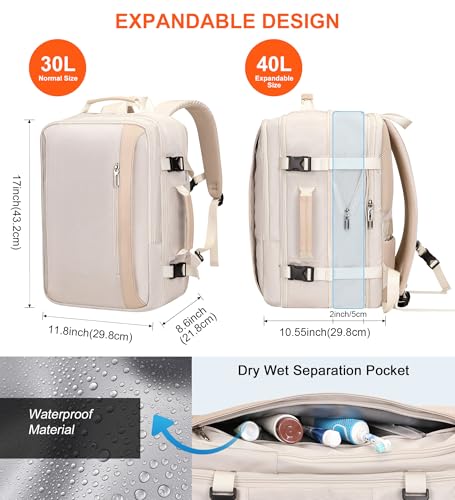 PIJUSHI Travel Backpack, TSA Carry On Bag Flight Approved, Fits 16" Laptop - color: Beige