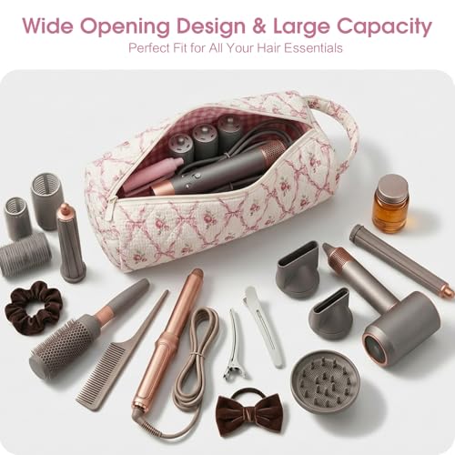 Bow Floral Hair Tools Bag Compatible with Dyson Airwrap Shark FlexStyle - color: Bow & Floral Print