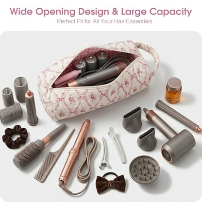 Bow Floral Hair Tools Bag Compatible with Dyson Airwrap Shark FlexStyle - color: Bow & Floral Print