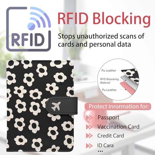 Passport Holder, Cute Travel Wallet Cover with RFID Blocking,Flower | PU leather travel wallet with magnetic closure, card slots, pen loop, and easy access for passports and essentials. - color: D-Graphic