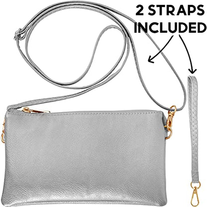 Vegan Leather Crossbody Wristlet Purse for Women - Small Convertible Clutch - color: Silver