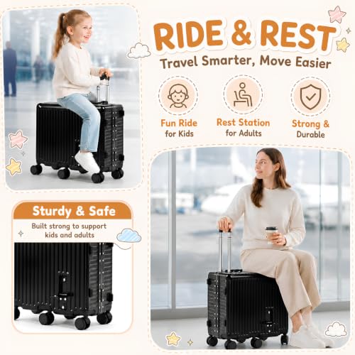 Kids Ride-On Luggage, 20" Aluminum Frame Carry-On with 6 Wheels (Black) - color: Black
