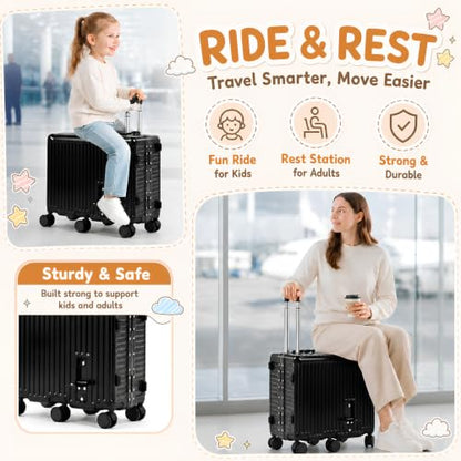 Kids Ride-On Luggage, 20" Aluminum Frame Carry-On with 6 Wheels (Black) - color: Black