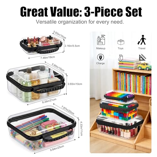3 Pack Clear Hard Shell Zipper Storage Case Deep Capacity Organizer Pouches - color: Black