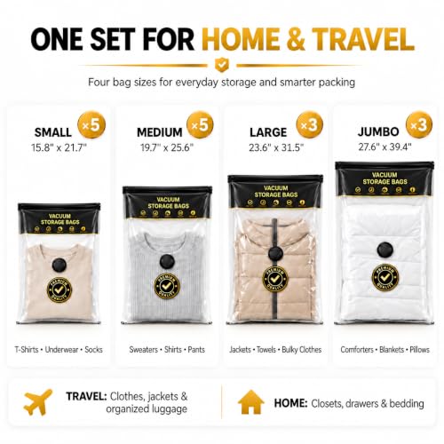 16 Pack Vacuum Storage Bags with Electric Pump for Clothing, Home & Travel