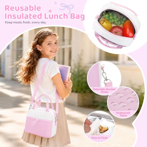 DIGOBAY Backpack for Girls, 5PCS School Bookbag with Lunch Box Pencil Case - color: Pink
