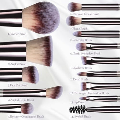Travel Makeup Brush Set with Case & Sponge for Foundation Powder Blush 14 - color: Champagne