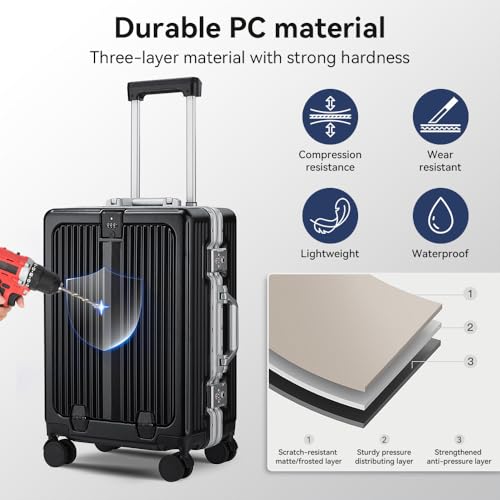 24 Inch Aluminum Frame Luggage with Front Pocket, Black - color: Black, size: 24 Inch
