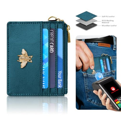 SEAVILIA Credit Card Holder Small Keychain Wallet for Women RFID Blocking - color: Peacock Blue