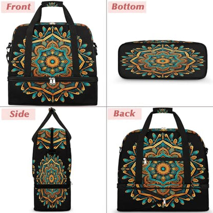 Travel Duffle Bags With Shoes Compartment for Women Men Mandala Flower Ethnic Boho Lightweigh Sports Tote Gym Bag Foldable Canvas Weekender Overnight Carry On Luggage Handle Bag - color: A02: Mandala